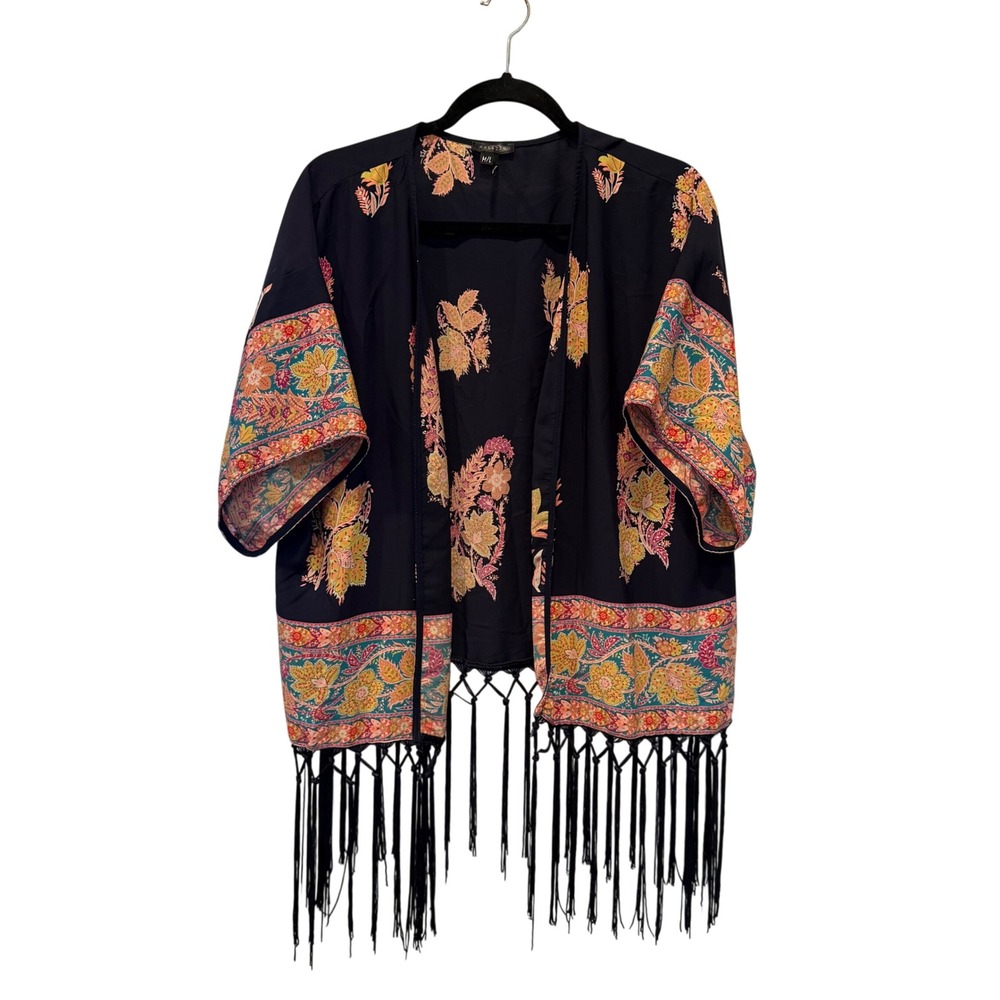 Soieblu Womens Boho Kimono Fringe Floral M/L Navy Blue Paisley Shawl Wrap